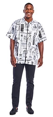 Betty Dain Vintage Print Barber Jacket, Throwback Style Illustrated Print, Machine Washable, Lightweight Water Resistant Polyester, Two Lower Pockets, One Chest Pocket, Zipper Front Closure, White - Realmdrop Shop