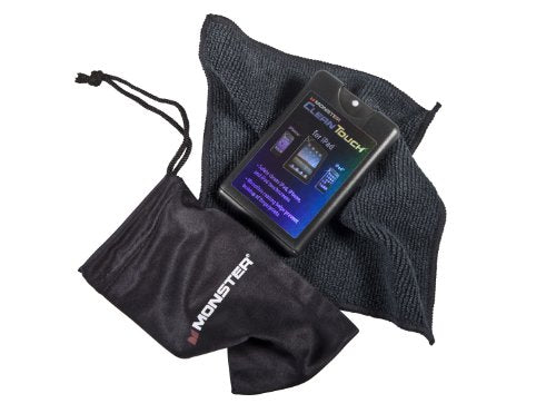 CleanTouch spray on a black microfiber cloth beside the Monster drawstring pouch