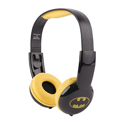 Batman kids' headphones from the other side with yellow ear pads and adjustable band