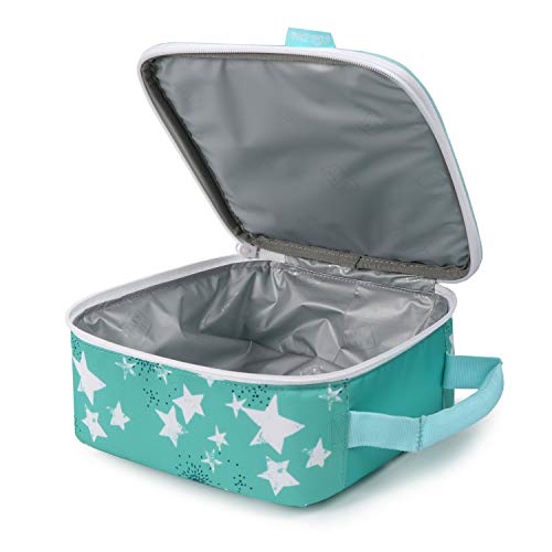 Open teal star lunch bag showing its silver insulated lining