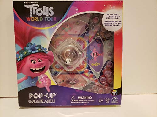 Trolls World Tour Pop-Up game box with Poppy beside the clear dice dome board