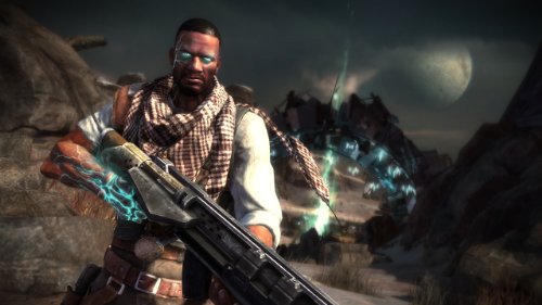 Gunslinger with glowing eyes and a checked scarf holding a rifle