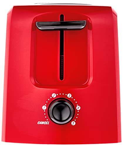 End of the red toaster with the lever and 1 to 5 shade dial