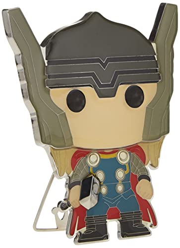 Large enamel pin of a winged-helmet thunder god with a red cape and hammer