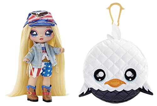 Erika Featherton doll in eagle cap and denim jacket with white eagle pom purse