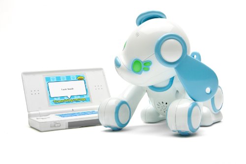 Wappy Dog robot puppy tilting its head toward an open Nintendo DS