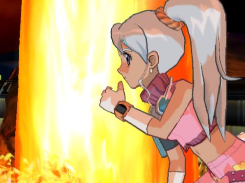 White-haired brawler in pink by a column of fire