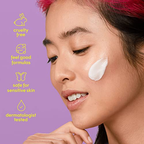 Woman with a dab of white cream mask on her cheek beside clean-beauty icons