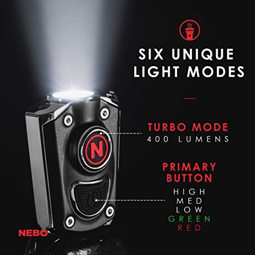 NEBO Mini Rechargeable Keychain Flashlight: Features 6 Unique Light Modes, Including 400 Lumen Turbo Mode and 3 LED Color Options; Easily Secured via Necklace, Lanyard or Keyring – MYCRO 6714 (Black)
