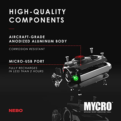 NEBO Mini Rechargeable Keychain Flashlight: Features 6 Unique Light Modes, Including 400 Lumen Turbo Mode and 3 LED Color Options; Easily Secured via Necklace, Lanyard or Keyring – MYCRO 6714 (Black)