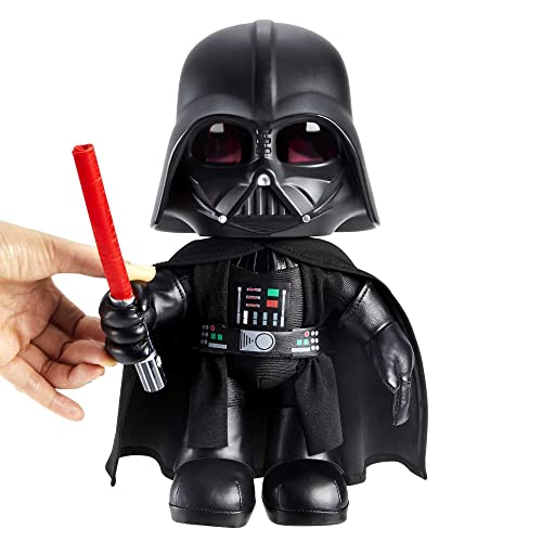 Hand holding the red lightsaber in the Darth Vader plush's glove