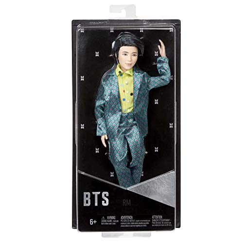 BTS RM doll in its black window box packaging, ages 6 and up