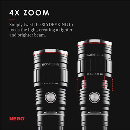 500 Lumen COB LED Work-Light and Flashlight, Red Light Mode and Red Flashing Light Mode, 4x Adjustable Zoom, Magnetic Base, No Need to Buy Batteries SLYDE KING is Rechargeable - NEBO 6726 Slyde King