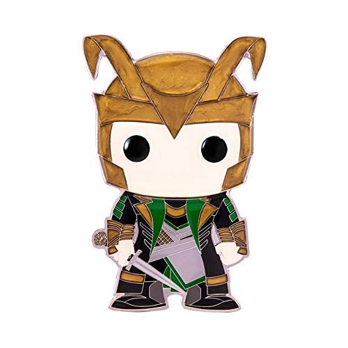 Enamel pin of a trickster in a horned gold helmet and green and black armor holding a dagger