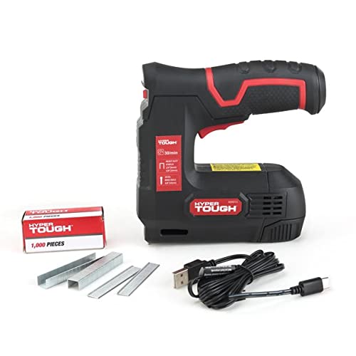 Staple gun with a box of staples, loose staples and nails, and a USB-C cable