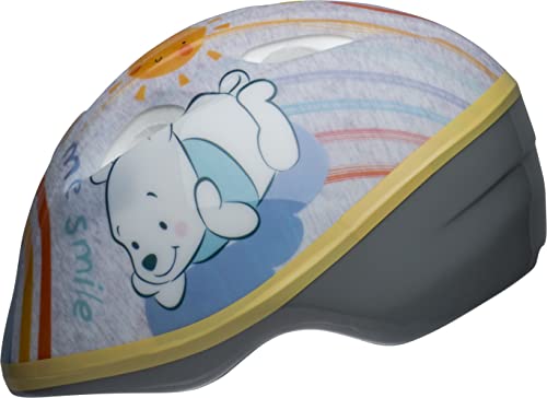 Other side of the Pooh helmet with Pooh lying on a cloud and rainbow stripes