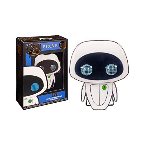 White robot enamel pin with blue eyes beside its number 02 window box