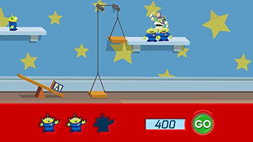 Game screen of aliens on shelves using a seesaw and pulleys to reach Buzz