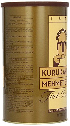 Side of the Kurukahveci Mehmet Efendi coffee tin with Turkish coffee recipe text