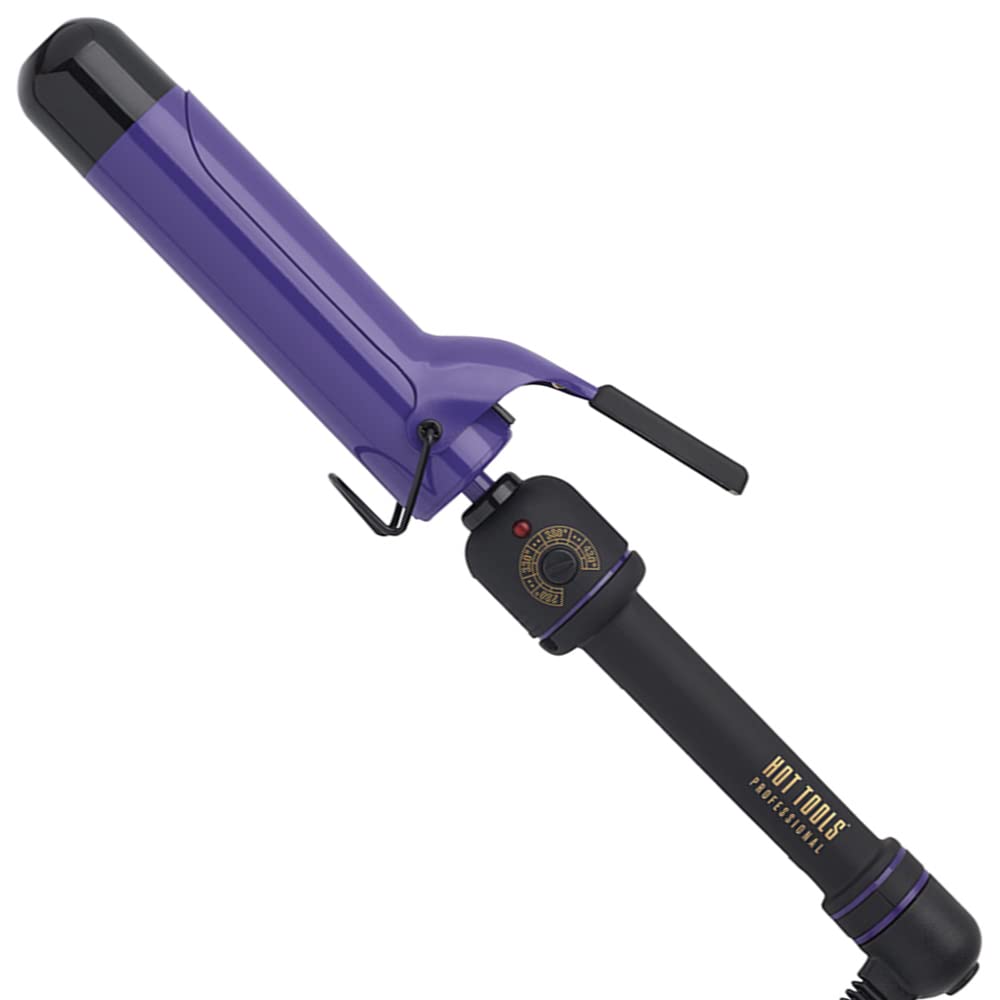 Purple 1.5 inch curling iron with a black spring clip handle and heat dial
