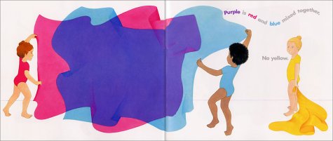 Inside spread of Color Dance: dancers mix red and blue scarves to make purple