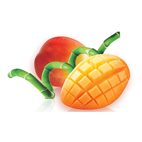 Halved and cubed mango with green bamboo stalks