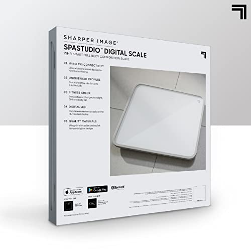 Back of the smart scale box listing five features and app downloads