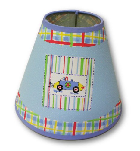 Light blue nursery lamp shade with plaid trim and a patch of a blue race car