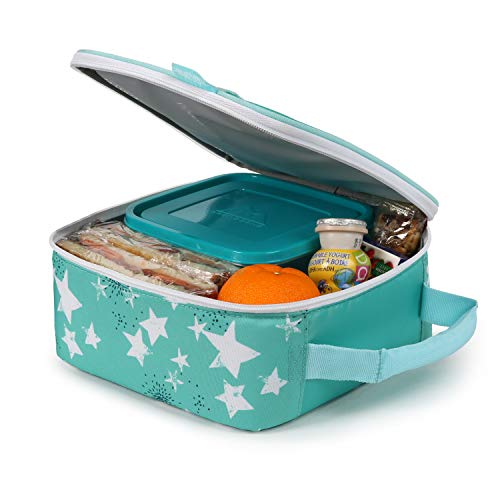 Open lunch bag packed with a sandwich, orange, yogurt and food container