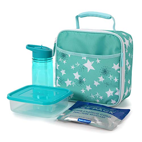 Arctic Zone teal star lunch kit with bottle, container and ice pack, front view