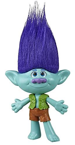 Branch troll doll with tall purple hair, green leaf vest and brown shorts