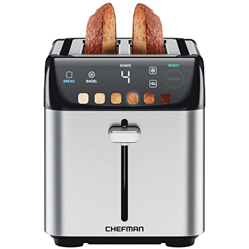 Stainless steel two-slice toaster with a black touchscreen panel and toast popping up