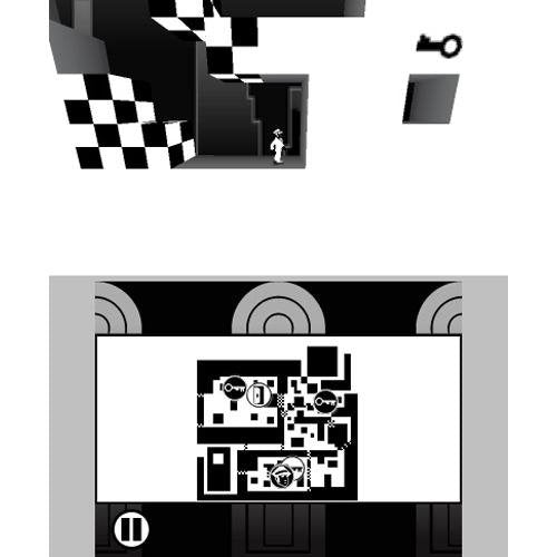 Black and white puzzle platform screen with a key and a level map below
