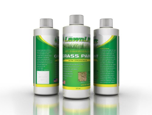 Three 8 oz LawnLift grass paint bottles showing the front and both side labels