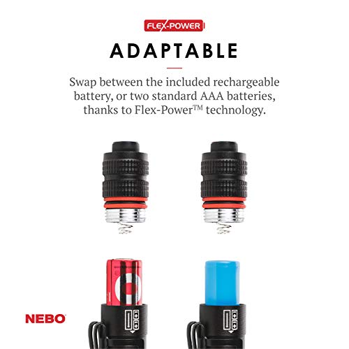 NEBO Rechargeable Pen Light Flashlight 360-Lumens Inspector Rechargeable Flashlights Features Flex Power, Meaning it can be Operated by The Included Rechargeable Battery or by 2X AAA Batteries