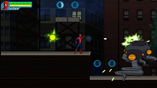 Spider-Man on a rooftop firing at a tentacled robot at night