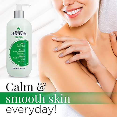 Smiling woman touching her shoulder beside the Body Drench hemp lotion bottle
