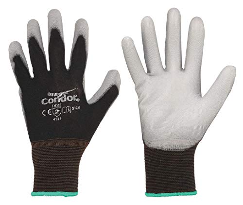 Pair of black knit work gloves with grey coated palms and fingertips