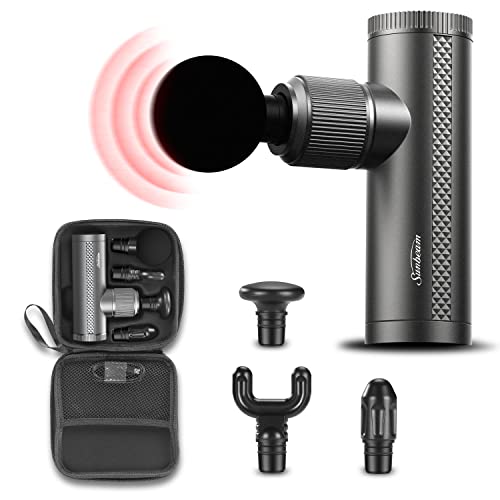 Grey mini massage gun with a round head, three spare heads and a zip carry case