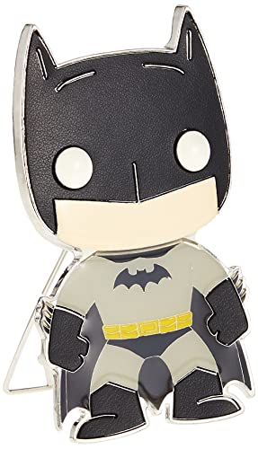 Large enamel pin of a caped bat hero in grey and black with a yellow belt