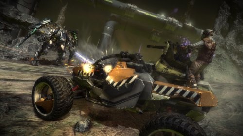 Armored buggy firing its guns as a mech and soldiers fight behind it