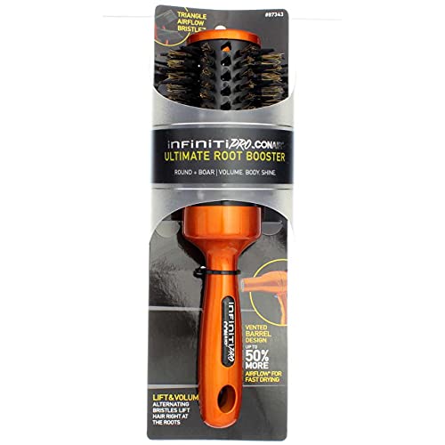 Conair InfinitiPro Ultimate Root Booster round boar bristle brush, orange handle, in pack
