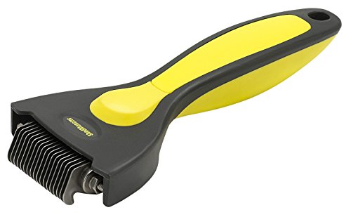 Oster ShedMonster de-shedding tool with yellow and grey handle and rotating steel teeth