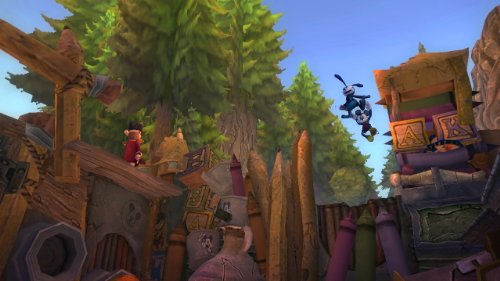 Oswald leaping between wooden rooftops in a forest village