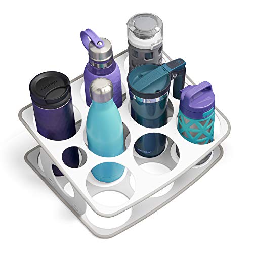 White two-tier bottle rack holding tumblers, travel mugs and water bottles
