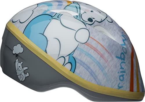 Side view of the grey and yellow Pooh bike helmet with a balloon Pooh decal