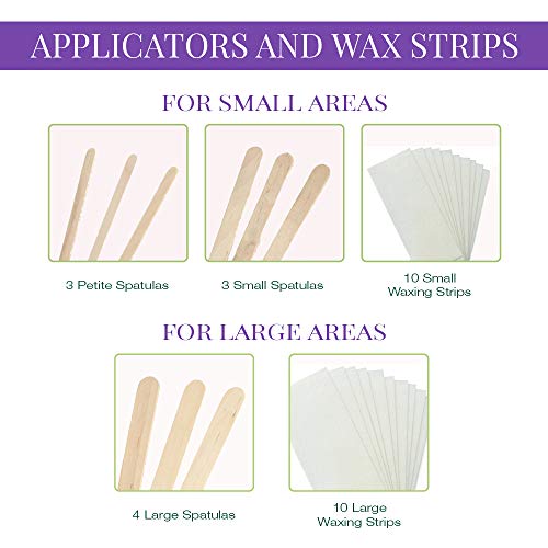 Kit applicators: wooden spatulas in three sizes and small and large wax strips