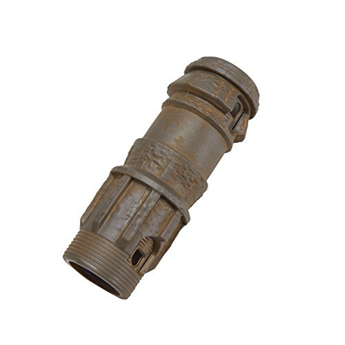 Close-up of one weathered grey-brown end piece of Rey's staff