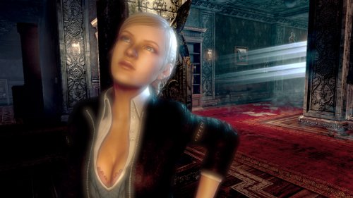 Blonde woman in a dark jacket in a red-carpeted mansion hall