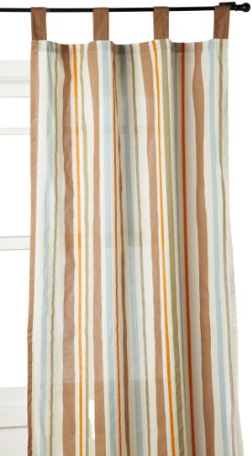 Tab-top curtain panel with brown, blue, orange and cream vertical stripes